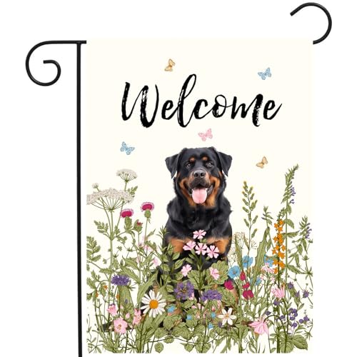 Spring Summer Garden Flag Floral Rottweiler Yard Flag Flower Dog Garden Flags for Outside Small Outdoor Welcome Flags 12x18 Double Sided - color: p-Rottweiler