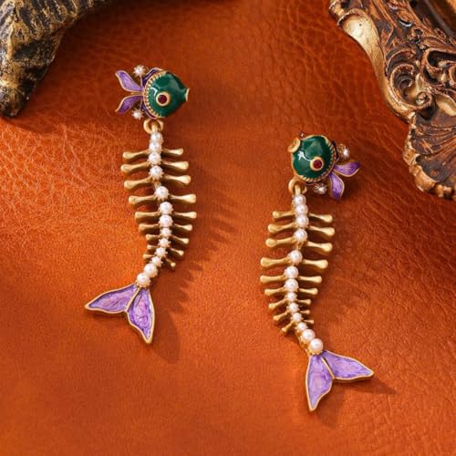 Fish Bone Earrings Drip Oil Animal Earrings Colorful Crystal Sparkly Enamel Earrings Creative Long Fishbone Earstud Dangle Fish Drop Earrings Jewelry for Women - color: Purple