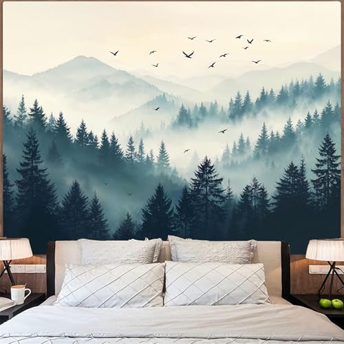 Haibimen Forest Mountain Tapestry Wall Hanging Green Pine Tree Bird Nature Forest Tapestrise for Bedroom Morning Mist Aesthetics Wall Decor for Living Room Dorm (forest-2, 48''×36'') - color: green yellow, size: 48"L x 36"W