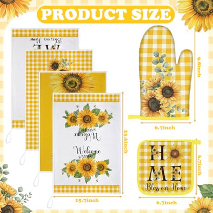 Leinuosen 8 Pcs Yellow Sunflower Kitchen Towels Dishcloths Accessories Set - color: Yellow and White, style: Sunflower