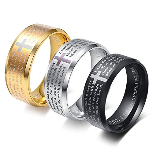 Men's Stainless Steel Bible Verse Christian Lord's Prayer Cross Ring Wedding Bands Engraved Praying - color: Silver