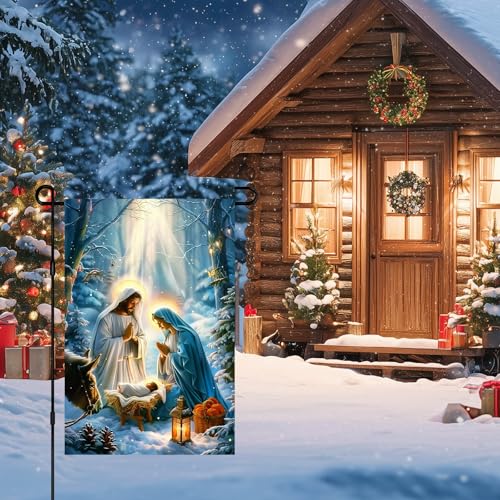IVN Merry Christmas Nativity Scene Garden Flag 12x18 Inch Double Sided - color: Forest Nativity Scene