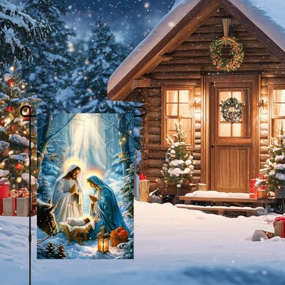 IVN Merry Christmas Nativity Scene Garden Flag 12x18 Inch Double Sided - color: Forest Nativity Scene