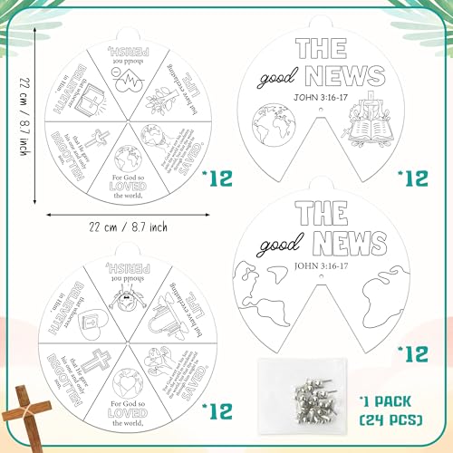 COcnny Religious Christian Craft Activities - 24 Sets John 3:16 Coloring Crafts for Kids, Color Your Own Bible Wheel Cards, DIY Jesus Biblical The Good News Art Paper Game for Sunday School Class Home - style: The Good News