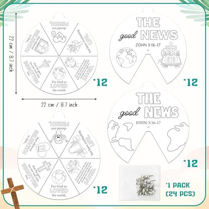 COcnny Religious Christian Craft Activities - 24 Sets John 3:16 Coloring Crafts for Kids, Color Your Own Bible Wheel Cards, DIY Jesus Biblical The Good News Art Paper Game for Sunday School Class Home - style: The Good News
