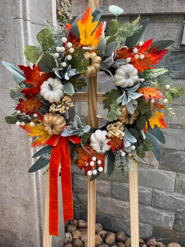 Fall Front Door Wreaths with Ribbon, 24 Inch Pumpkin Autumn Wreath