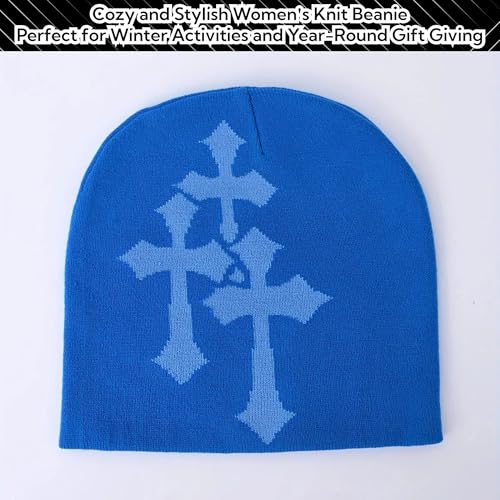 Fashion Knit Beanie with Cross Pattern Y2K Unisex Soft Jacquard Cap Popular Hip-Hop Cool Street Outdoor Sports Earflap Hat - color: Blue
