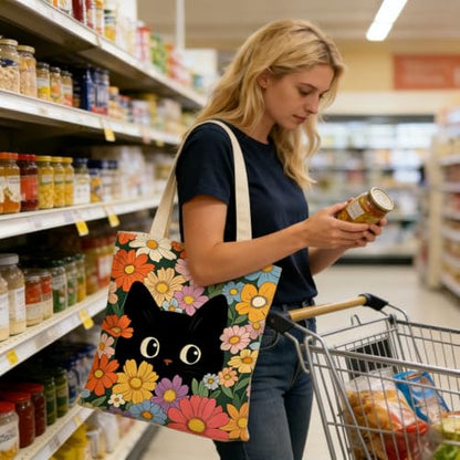 Canvas Tote Bags Reusable Shopping Bag for Women with Zippered Inner Pocket Magnetic Snap Closure - color: Black Cat 2
