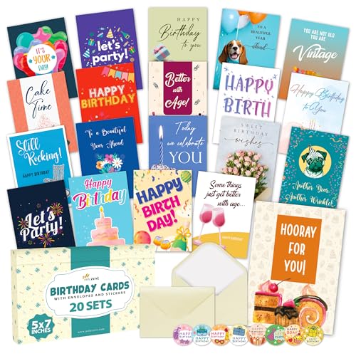 5x7 Inch, 20 Pack Assorted Happy Birthday Cards Bulk Boxed Set