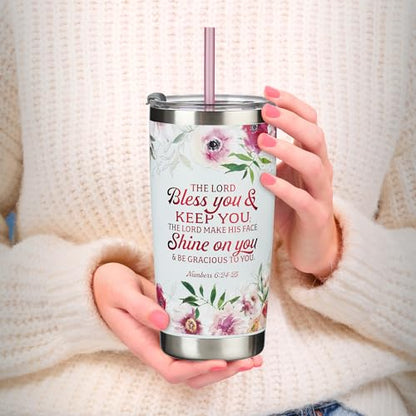 Christian Art Gifts Stainless Steel Double-Wall Vacuum Insulated Tumbler w/Straw & Lid 18 oz Pink Floral Inspirational Bible Verse Travel Mug for Women- Bless You and Keep You -Numbers 6:24-25 - color: Multicolor/Bless You