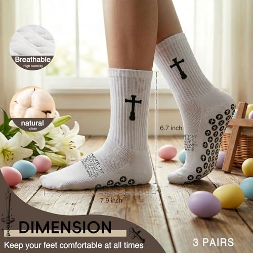 3 Pair Grip Christian Soccer Socks,Easter,Christmas Gift for Men - color: 2 Timothy 1:7 - White
