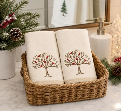Christmas White Guest Hand Bathroom Towels, Winter Cardinal Tree, 16x26" - color: Cardinal Tree