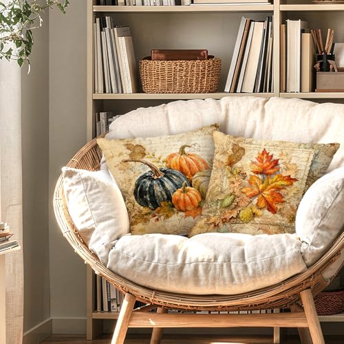 Farmhouse Fall Maple Leaf Pumpkin Throw Pillow Covers 18x18 Set of 2 - color: Pumpkin-7