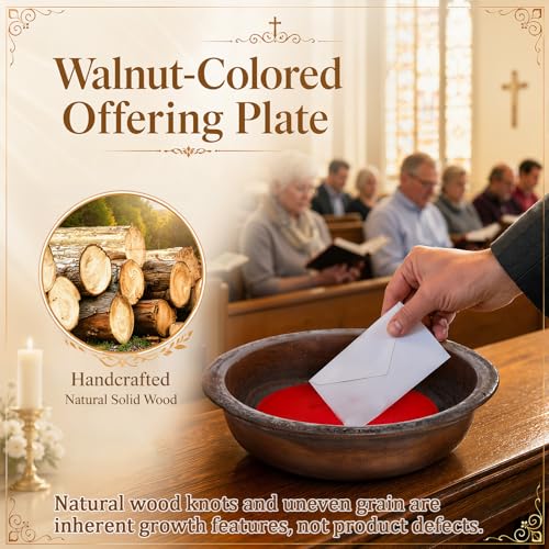 Domensi Handcrafted Wooden Offering Plate for Church Walnut Stain Collection Plate with Felt Round Pad Collection Tray for Sunday Worship Communion Religious Ceremonies