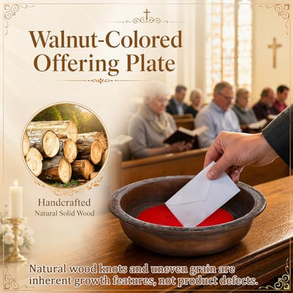 Domensi Handcrafted Wooden Offering Plate for Church Walnut Stain Collection Plate with Felt Round Pad Collection Tray for Sunday Worship Communion Religious Ceremonies