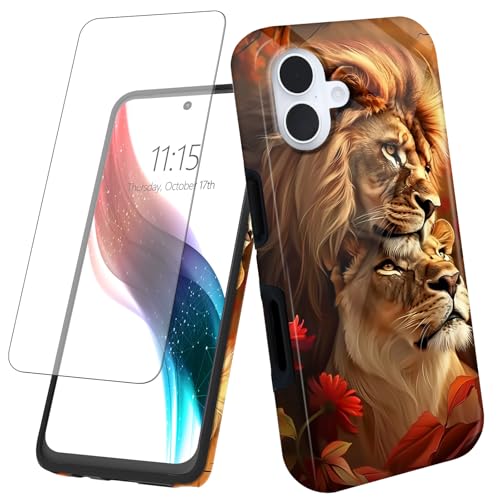 for iPhone 16 Plus Phone Case 6.7" with Screen Protector Art Lions Design for Women Men Hybrid Dual Layer Hard PC Shell Soft TPU Silicone Wireless Charging Shockproof Protective Cover - color: Art Lions, size: for iPhone 16 Plus 6.7"