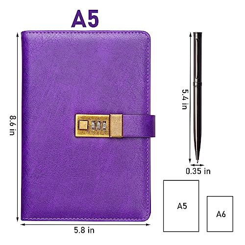 WEMATE Diary with Lock, A5 PU Leather Journal with Lock 240 Pages Purple - color: Purple