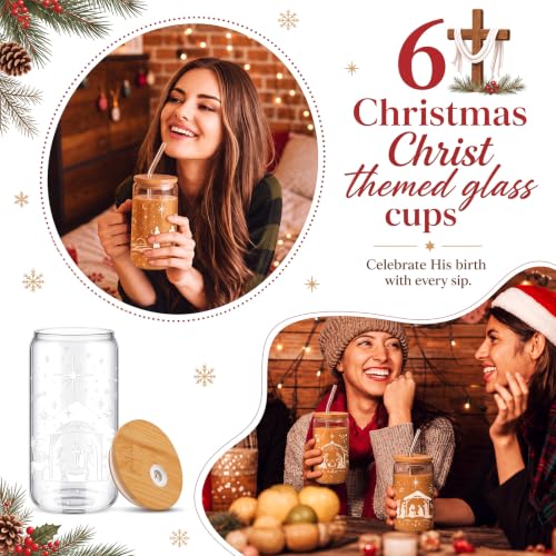 Fulmoon 6 Pcs 16 oz Nativity Scene Christmas Glass Cups with Lid and Straw - style: Christmas