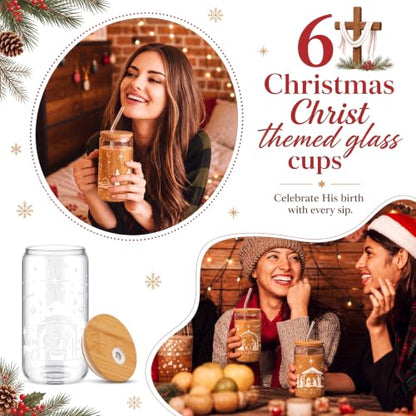 Fulmoon 6 Pcs 16 oz Nativity Scene Christmas Glass Cups with Lid and Straw - style: Christmas