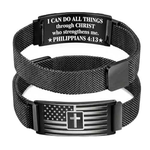 RINHOO Men's American Flag Cross Bracelet Bible Verse Stainless Steel - style: Black-Philippians 4:13