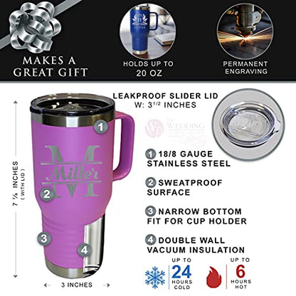 The Wedding Party Store Custom Personalized 20 oz Stainless Steel Powder Coated Vacuum Insulated Double Walled Travel Tumbler Coffee Mug with Handle and Lid (Lavender) - color: Lavender