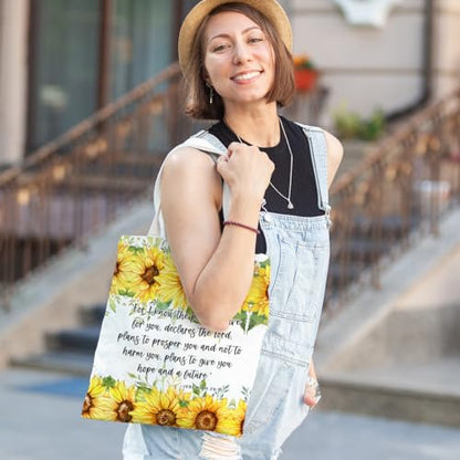 Positive Religious Christian Gifts Canvas Tote Bag for Women Christmas Birthday Cute Beach Reusable Grocery Bags - color: Jeremian 29 11 Sunflower
