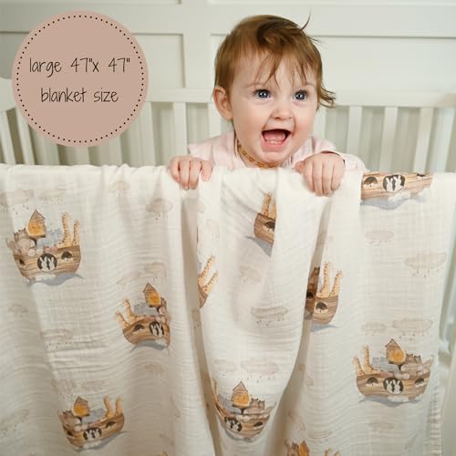 LollyBanks Muslin Swaddle Blanket, 47 x 47 in, Newborn Receiving Blanket - color: Noah's Ark