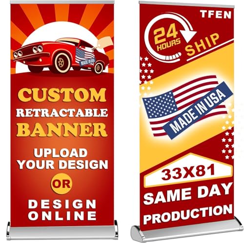 Custom Banner Pop up Banner Aluminum Deluxe Retractable Banner-Made in USA-33"x81" with Stand Roll up Banner for Business, Trade Shows, Stores, Advertising, Events - size: 33x81 Deluxe