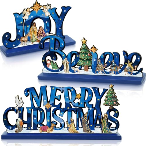 Cinnvoice 3 Pcs Christmas Table Decor Wooden Nativity Scene Sign, Blue - color: Blue