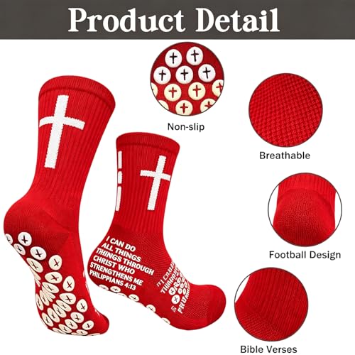 Christian Soccer Socks-Moisture-Wicking, Faith Prayer Football Anti-Slip Grip Cross Symbol&Bible Verse Youth 6-13 - color: Red
