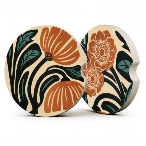 Boho Floral Car Coasters, Retro Country Orange Flowers Cup Holders, 17 - color: Boho Floral