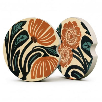 Boho Floral Car Coasters, Retro Country Orange Flowers Cup Holders, 17 - color: Boho Floral