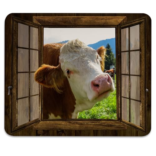 Funny Cow at Rustic Wooden Window Mouse Pad, Farmhouse Durable Desk Mat - color: Color_DE0016XX