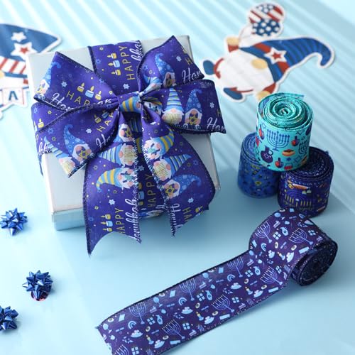 12 Rolls 60 Yard Hanukkah Wired Ribbon for Wreath Craft Bow - style: Hanukkah