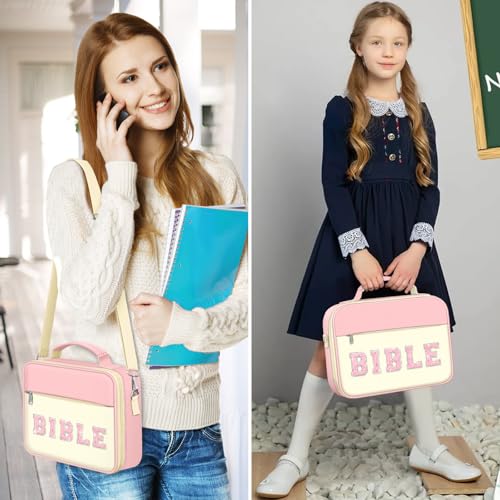 FINPAC Bible Cover with Shoulder Strap, Church Book Carrying Bible Case Bag - color: Letter Pink