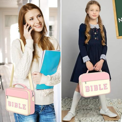 FINPAC Bible Cover with Shoulder Strap, Church Book Carrying Bible Case Bag - color: Letter Pink
