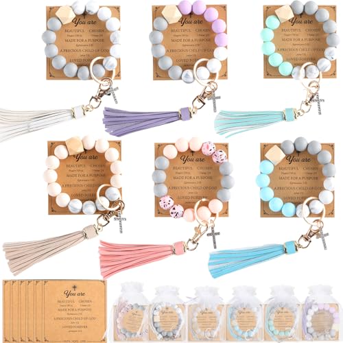 gisgfim 6 Sets Christian Silicone Wristlet Keychain Bracelet With Cross