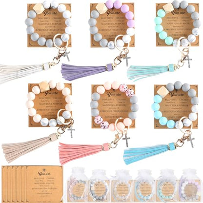 gisgfim 6 Sets Christian Silicone Wristlet Keychain Bracelet With Cross