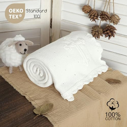 mimixiong Baby Christening Blanket Cotton Soft Knit with Stitching Cross - color: White