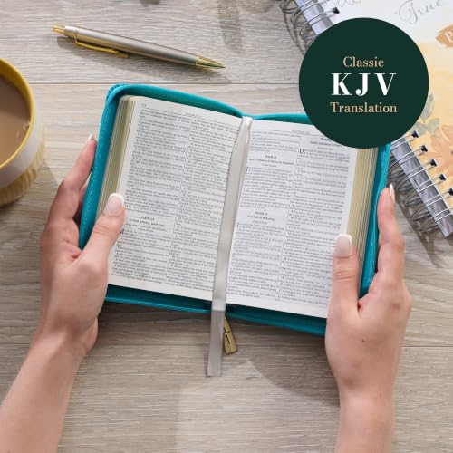 KJV Holy Bible, Mini Pocket Size, Red Letter Edition, Reading Plan, Thematic Verse Finder, Ribbon Bookmark, King James Version, Vegan Leather, Aqua, Zipper Closure, 6.2" x 4.3" (KJV Pocket Editions)