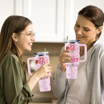 Pink Christian Inspirational Tumbler, Pray Over It Bible Verse Gifts, Christian Gifts for Women, Daily Prayer Pink Tumbler With Handle Jesus Cup 40oz - color: Christian/Pray Over It