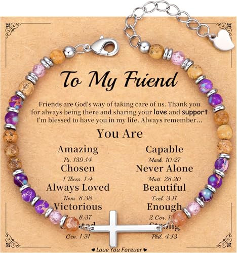 Cross Bracelet for Women, Christian Gifts for Women 2026 Stocking Stuffers for Teens Her Bead Bracelet Adjustable Gemstone Faith Religious Confirmation Communion Bracelet for Best Friend Mom Faith Birthday Anniversary Jewelry - color: Purple- Best Friend
