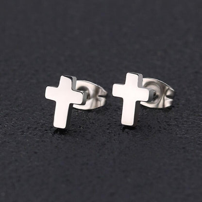 3 Pairs Minimalist Cross Stud Earrings Black Silver Gold Stainless Steel Tiny Cross Earring Set for Women and Men