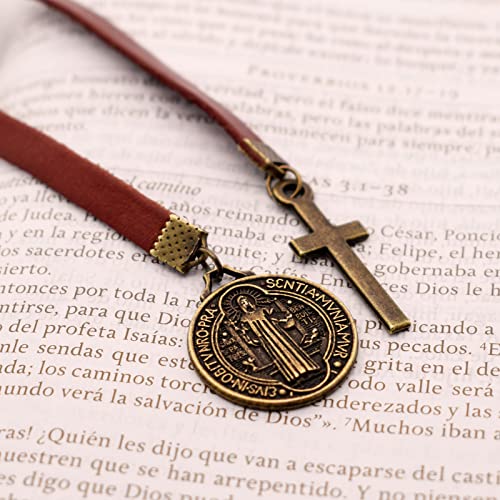 BLBMH Genuine Leather Bible Bookmark with Cross | Catholic Gifts for Men Dad | Christian Book Marker with Ribbon - LB4 - color: Alb4