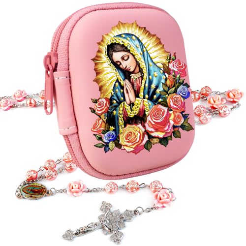 Rosary Beads Catholic for Women - Pearl Beads with Classic Cross, Virgin Mary Zippered Prayer Box, First Communion Gifts, Baptism Confirmation Jewelry - color: Guadalupe-Pink