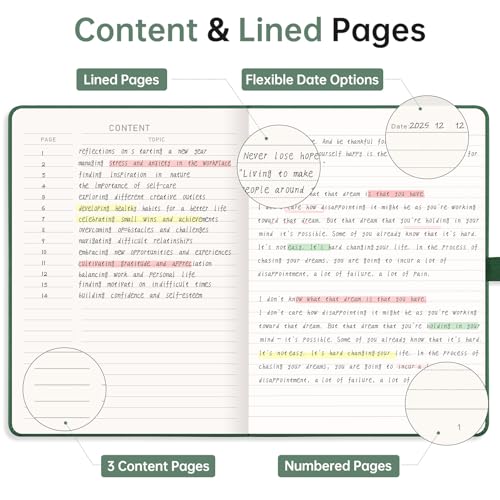 EMSHOI Lined Journal Notebook, 192 Numbered Pages, A5 Size (5.7'' x 8.3'') - color: Dark Green, style: Ruled