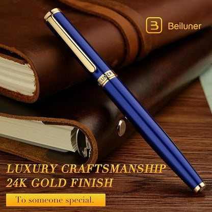 BEILUNER Blue Fountain Pen,Stunning Luxury Pens with 24K Gold Accents, Gorgeous 24K Gilded Nib(Extra Fine), Fancy Pen Gift for Men&Women -Ink Converter-Elegant, Reliable,Graduation Presents, Nice Pen - color: Blue&Gold, style: Extra Fine Nib
