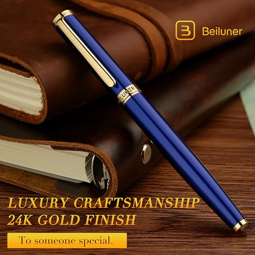 BEILUNER Blue Fountain Pen,Stunning Luxury Pens with 24K Gold Finish, Gorgeous 24K Gilded Nib(Medium), Fancy Pen Gift for Men&Women -Ink Converter-Elegant, Reliable,Nice Pen for Writing - color: Blue&Gold, style: Medium Nib