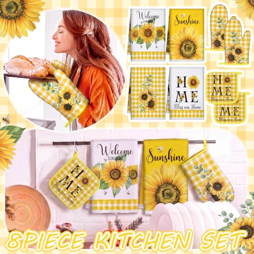 Leinuosen 8 Pcs Yellow Sunflower Kitchen Towels Dishcloths Accessories Set - color: Yellow and White, style: Sunflower