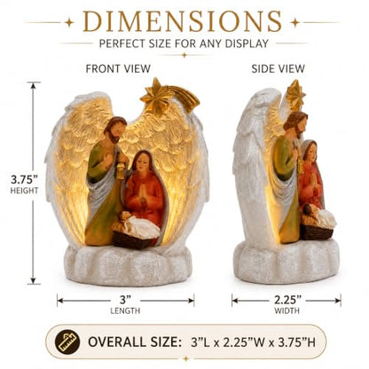 Wowser Lighted Holy Family Under Angel Wings Figurine, LED Nativity Christmas Decoration, Religious Christian Tabletop Holiday Décor, Resin Freestanding Christmas Display, 3.75 Inch